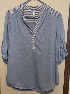 PerSeption Concept Light Blue Striped-Trim Roll Sleeve Henley